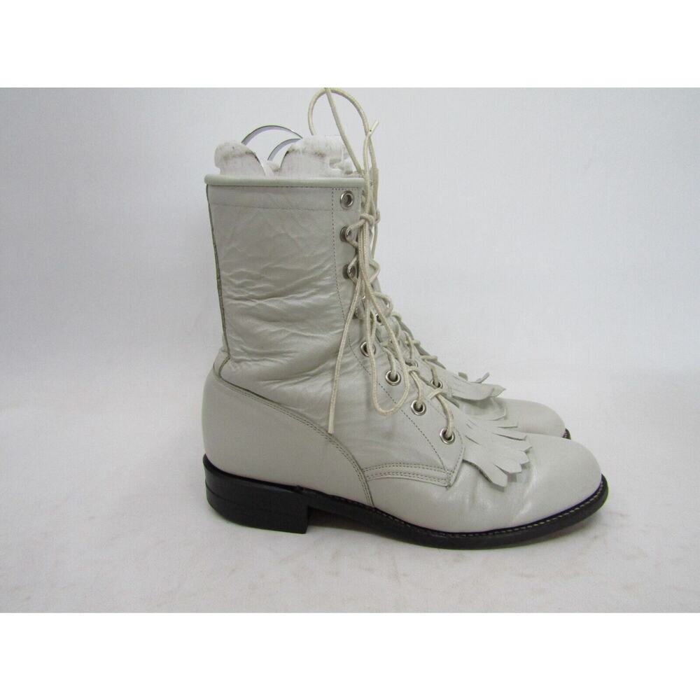 JUSTIN Womens Size 6 C Wide Width White Leather Laces Kilt Cowboy Western Boots - Picture 3 of 11